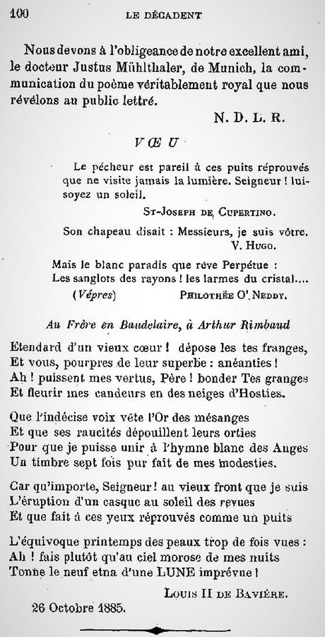 Voeu, un poème signé Louis II de Bavière  daté du 26 octobre 1885.