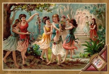 Chromos Liebig - Scènes d'opéras de Wagner - Parsifal dans le jardin de Klingsor.