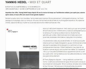 Galerie Thierry Bigaignon  exposition Yannig HEDEL « MIDI ET QUART » le 8 Septembre 2018
