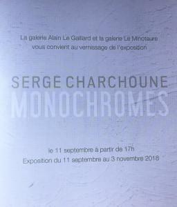 Galerie Le Minotaure et Galerie Alain Le Gaillard  exposition SERGE CHARCHOUNE  » Monochromes  » 11 Septembre au 3 Novembre 2018