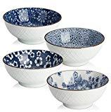 Dowan de bol en céramique, design japonais bols pour céréales/soupe/pâtes, Bleu et blanc, Lot de 4