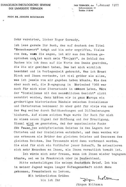 Une lettre de Jürgen MOLTMANN à Roger Garaudy