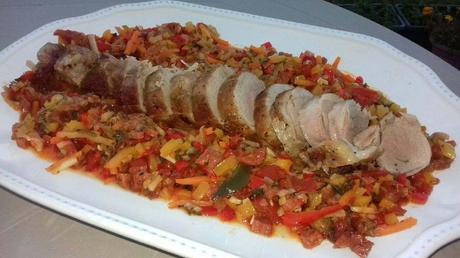 Filet mignon de porc et poêlée de légumes méditerranéens au chorizo