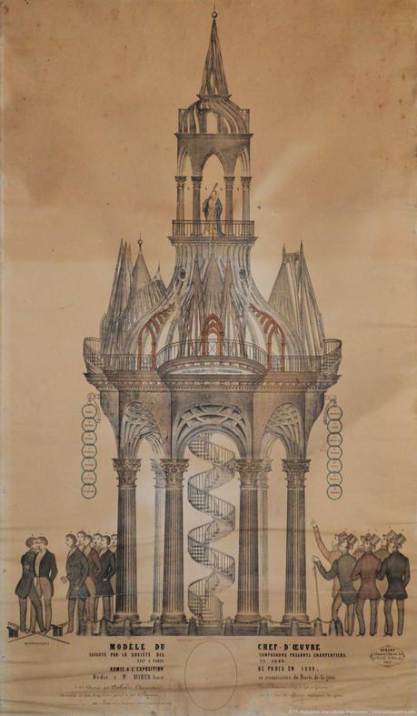 Une lithographie de 1853 représentant un chef-d'œuvre des compagnons passants charpentiers, Le Berryer Une lithographie de 1853 représentant un chef-d'œuvre des compagnons passants charpentiers, Le Berryer