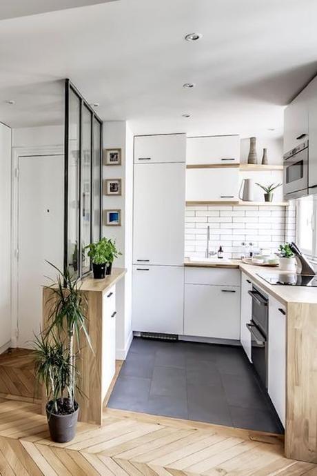 aménager 20m2 petite cuisine studio meubles kitchenette blanc gris aménagement décoration