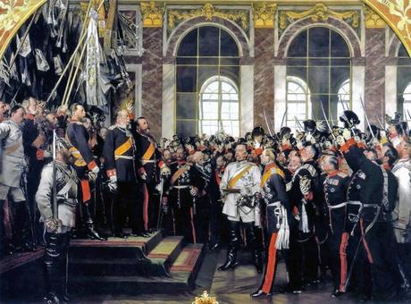 La Proclamation de l’Empire au château de Versailles, dans la galerie des Glaces, le 18 janvier 1871. Peinture de Anton von Werner.