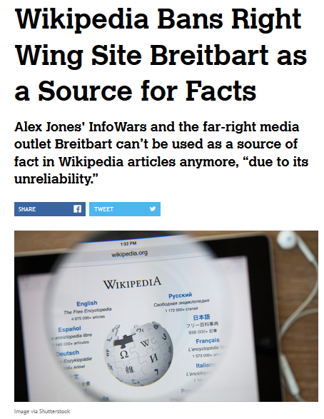 VICTOIRE ! Lutte contre les #fakenews :  #Breitbart et #InfoWars bannis de #Wikipédia ! (poke  @slpng_giants_fr )