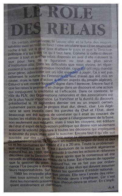 622_ OCTOBRE 1988 EN ALGERIE.... La presse d'alors... en vrac....