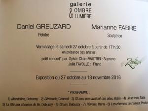 Galerie Ombre et Lumière à VENTEROL (Drôme) exposition Daniel Greuzard et Marianne Fabre 27 Octobre au 18 Novembre 2018