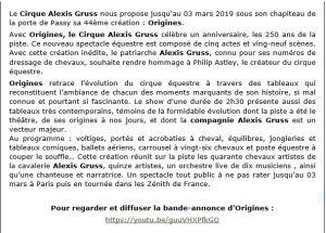 Le Cirque Alexis GRUSS  « Origines »  du 13 Octobre 2018- jusqu’au 3 Mars 2019- Porte de Passy