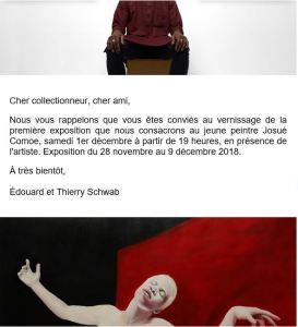 Galerie Schwab Beaubourg  exposition  Josué Comoe « Le noir comme couleur » 28/11 au 9/12/2018