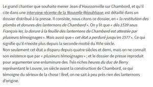 A propos des « restitutions » souhaitées par Monsieur Macron… et les travaux de Chambord..