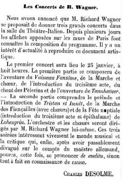 En janvier 1860, L'Europe artiste annonçait les trois concerts de Wagner au Théâtre-Italien