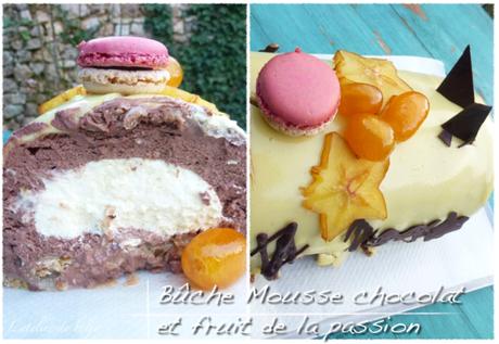 Bûche mousse au chocolat, insert mousse passion et croustillant pistache