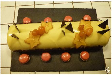 Bûche mousse au chocolat, insert mousse passion et croustillant pistache