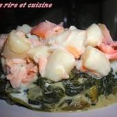 Duo de noix de St Jacques sans corail et Saumon aux fines herbes sur lit d'Epinards à la crème balsamique - Entre rire et cuisine