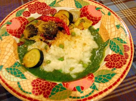 Risotto vert aux épinards, choux de bruxelles, et petits pois