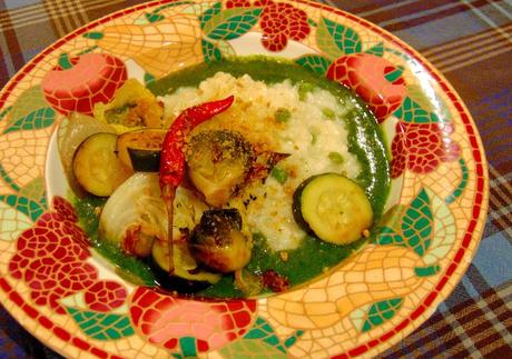 Risotto vert aux épinards, choux de bruxelles, et petits pois