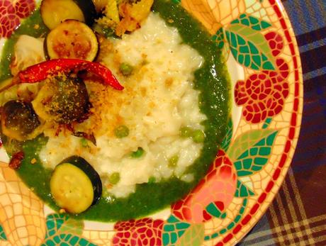 Risotto vert aux épinards, choux de bruxelles, et petits pois