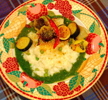 Risotto vert aux épinards, choux de bruxelles, et petits pois