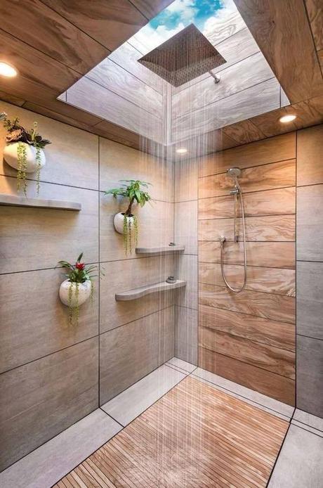 salle de bain theme nature douche tout en bois carrelage trompe l'oeil puit de lumière - blog déco - clem around the corner