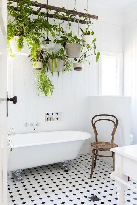 salle de bain thème nature plantes suspendu échelle vintage blog déco clem around the corner