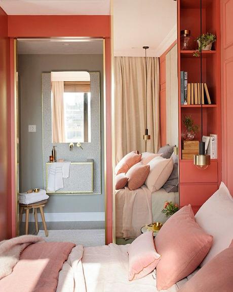 couleur de l'année pantone 2019 living coral chambre blush rose corail lit salle de bain gris blog déco clem around the corner