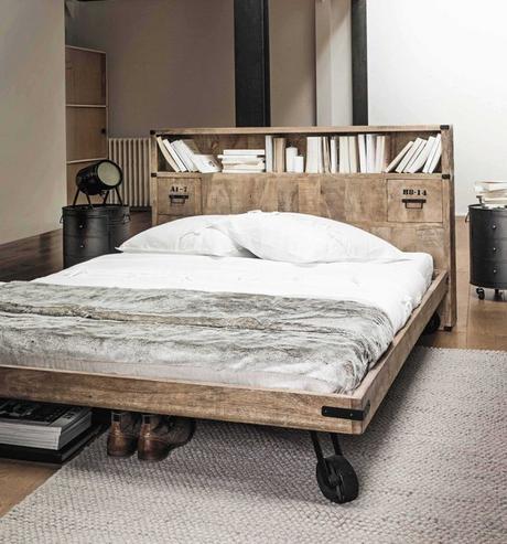 tête de lit avec rangement en manguier massif bois roulette style industriel atelier loft chambre