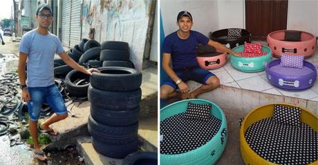 L’homme transforme des pneus usés en de beaux lits pour animaux