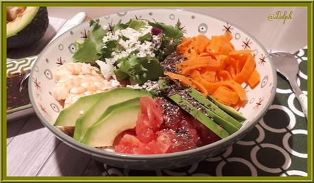 Buddha Bowl, avocat, crevettes