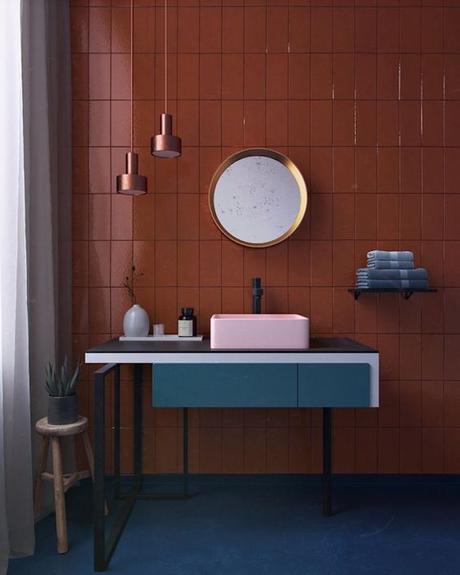 couleur terracotta salle de bain association bleu cuivre carreaux carrelage blog déco clem around the corner