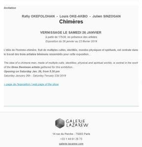 Galerie Lazarew Paris  exposition « Chimères » Trois artistes béninois à partir du 26 Janvier 2019