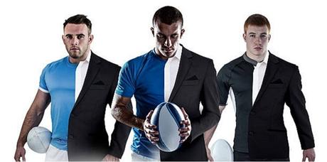 Rugbymen en costume et maillot de sport. On peut rester élégant et avoir un physique imposant