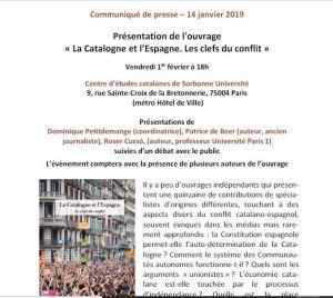 Centre d’études Catalanes à Paris « La Catalogne et l’Espagne » Vendredi 1er Février 2019