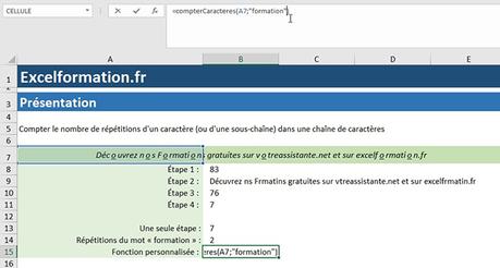 Comment compter les répétitions de caractères dans une cellule et créer une fonction personnalisée sur Excel ?