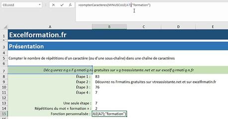 Comment compter les répétitions de caractères dans une cellule et créer une fonction personnalisée sur Excel ?