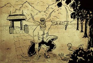 Dessin d'un samouraï et ses katanas - façon parchemin