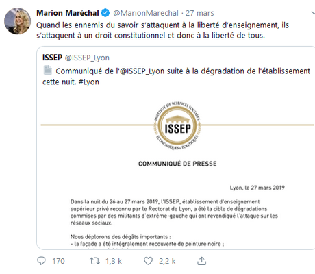 Attaque de l’#ISSEP : des bisous à @MarionMarechal et @MCarolineLePen … #NONazis
