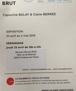Galerie du Crous Paris    « BRUT » Capucine Balay & Claire Berree – 24 Avril au 4 Mai 2019