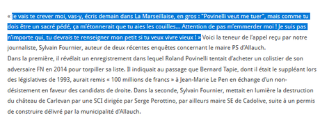 Le maire d’ #Allauch @rolandpovinelli #PS menace de mort un journaliste