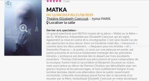 Théâtre Elisabeth Czerczuk – T E C- « Matka »  ce soir et les jours suivants..