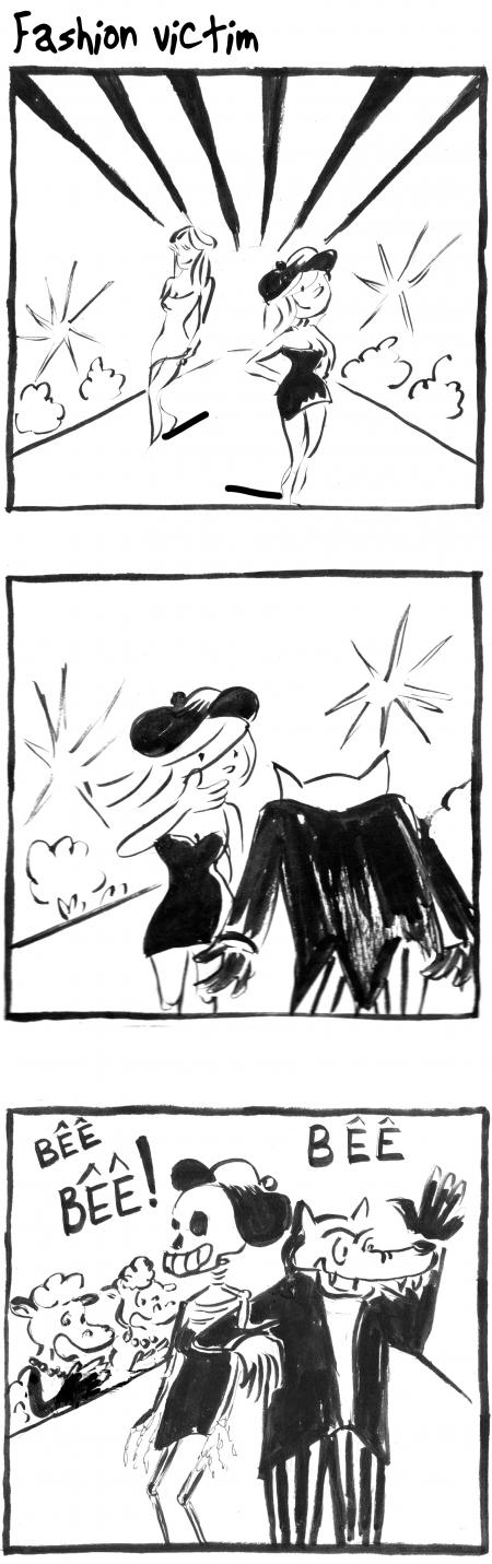 webzine,bd,gratuit,zébra,bande-dessinée,fanzine,strip,lola,aurélie dekeyser,défilé,mode,mort,squelette,victime,mode,loup,brebis