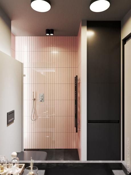 studio étudiant salle de bain rose douche italienne - blog déco - clem around the corner