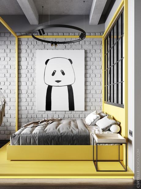studio étudiant chambre loft béton jaune panda affiche - blog déco - clem around the corner