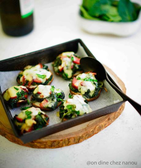 Shitake farcis aux épinards , bacon , ail des ours et comté