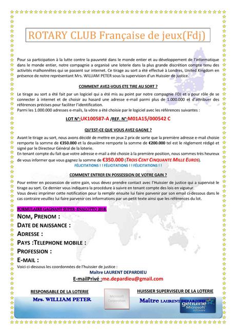 Arnaque : Rotary Club Française de jeux