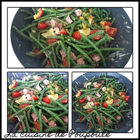 Salade de haricot vert, tomates, œufs dur, saucisses aux herbes et concombre