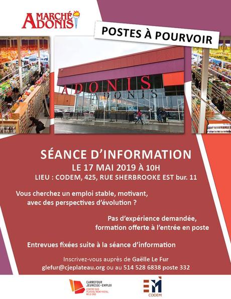 Adonis recrute ! Séance d’information et entrevues, le 17 mai au CJE. Adonis recrute ! Séance d’information et entrevues, le 17 mai au CJE.