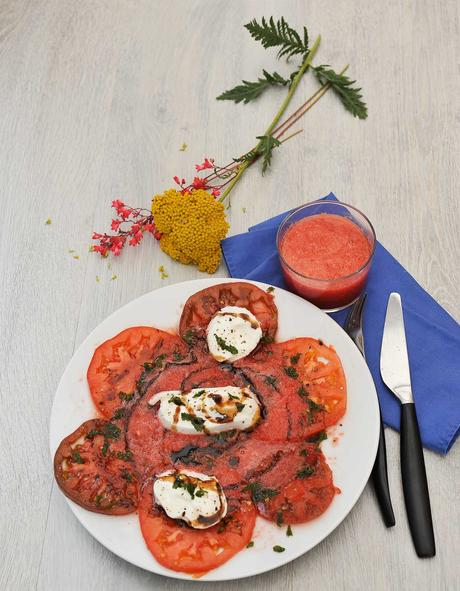 Carpaccio de tomates, smoothie de pastèque et mozzarella Casa Azzurra
