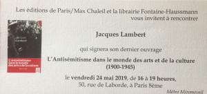 Les éditions de Paris  « L’Antisémitisme dans le monde des arts et de la culture (1900-1945) Jacques Lambert